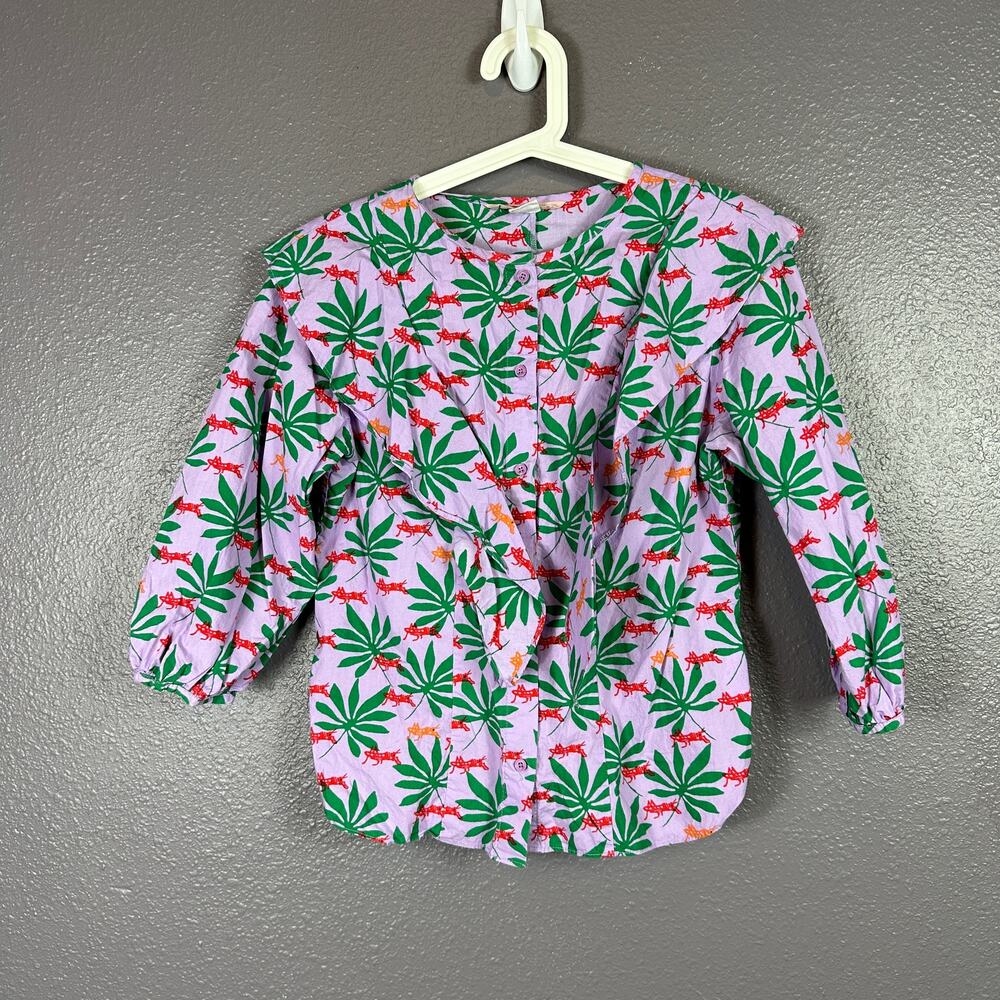 Jucy Judy Top Ruffle Button Up Small Purple Novelty Crickets Leaves 3/4 Sleeve